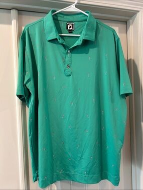 Mens XL FootJoy Green Short Sleeve Polo with Tiny Pink Flag Print